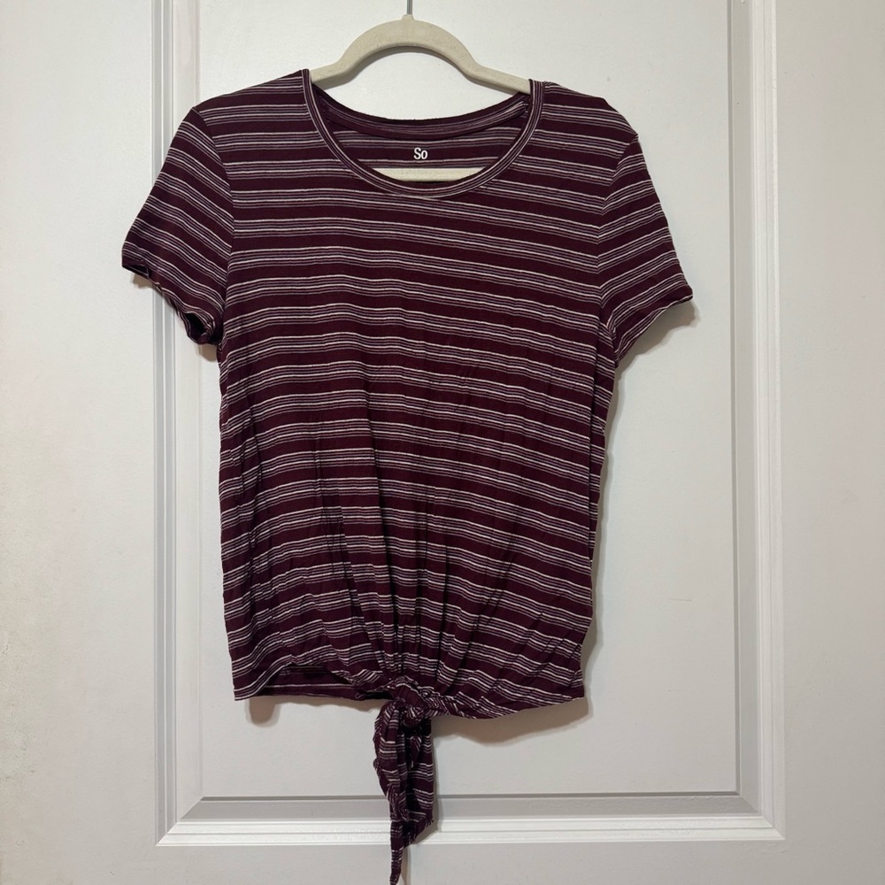 SO Lightweight Striped Burgundy and White Tee with Tie Front